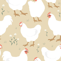 Seamless spring pattern with white chickens and flowers. Vector graphic illustration.