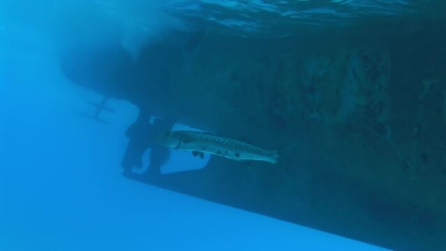 Barracuda fish seen under surface of water and near boat. As we explore deep sea, we encounter variety of captivating animals, such as massive octopus, elusive colossal squid.