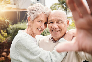 Portrait, selfie smile and senior couple hug outdoors in nature, bonding and laughing. Photographer, retirement and elderly man and woman taking pictures for social media, happy memory and love.