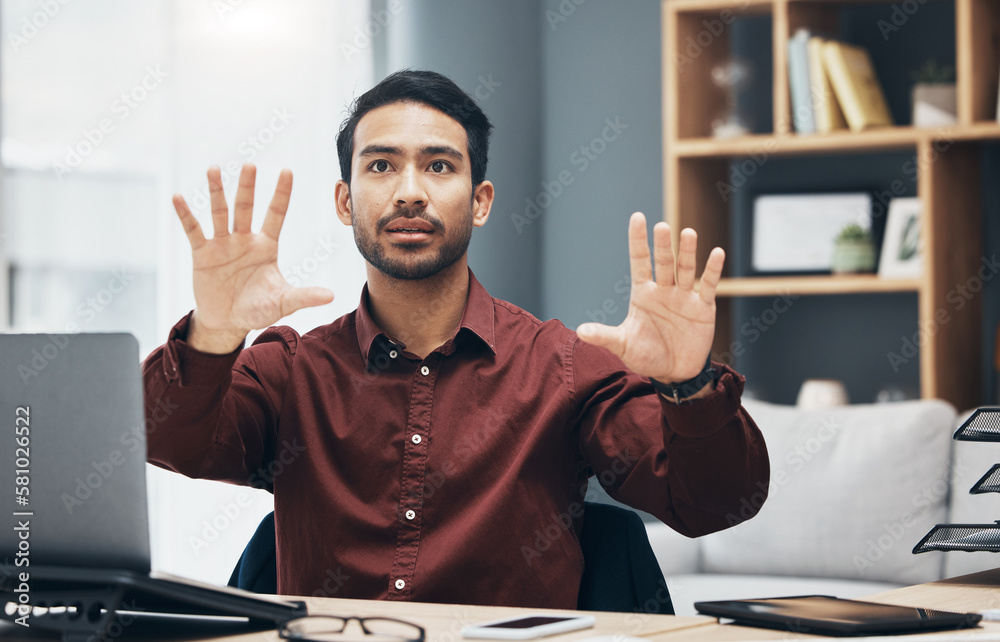 Fototapete Virtual screen, cyber gesture or man work on ux web design, app wireframe or website digital transformation. Information technology, dashboard hud and male graphic designer render multimedia software