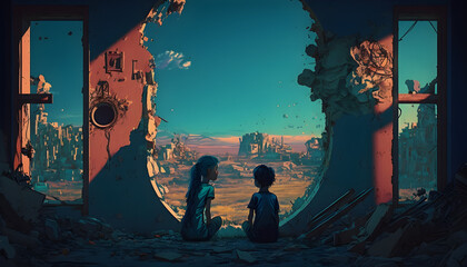 Fototapeta na wymiar children in front of a ruined city, at sunset. cloudy sky, post-apocalyptic theme