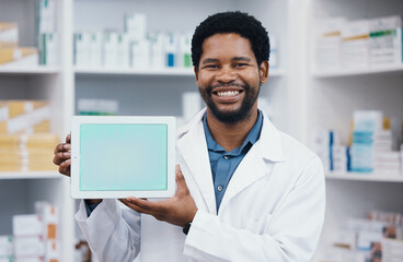 Pharmacist man, tablet and green screen in mockup portrait for medicine, retail healthcare and...