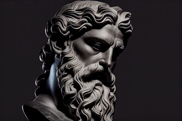 Fototapeta na wymiar Head of the Greek god Hephaestus sculpture, bust of a man with a long beard. Head of a Greek god, sculpture, bust. Antique statue isolated on a black background. generative AI,