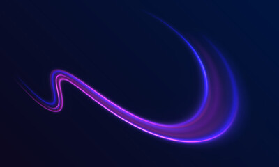 Luminous bright background. High speed effect motion blur night lights blue and red. Magic shining neon light line trails. Purple glowing wave swirl, impulse cable lines. Long time exposure. Vector