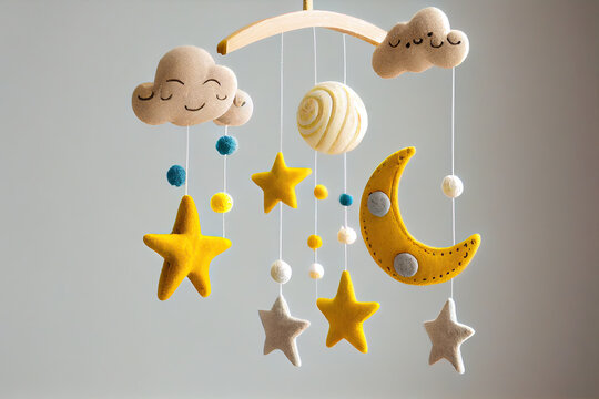 Baby crib mobile with smiling clouds moon stars and clouds. handmade children's toys over the bed for newborns. Eco-friendly toys made of felt and wood hanging in a bright room. Generative AI