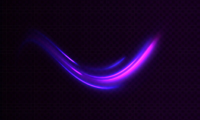 Luminous bright background. High speed effect motion blur night lights blue and red. Magic shining neon light line trails. Purple glowing wave swirl, impulse cable lines. Long time exposure. Vector	