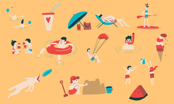 Summer Holiday Activities and Icon set by the beach