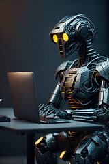 Android robot Artificial intelligence uses a computer for programming. The machine replaces human jobs and work. Ai Robot Sitting At Desk. Machine Learning. Chatbot. Chatgpt. Generative AI.