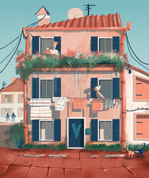 Fototapeta Neighbours arguing. House on the street with flowers and laundry.