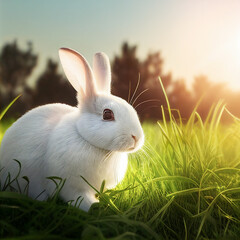  white bunny on green field. Generative AI