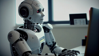 The robot sits in front of the computer. Generative AI