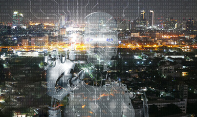 Artificial intelligence, AI everywhere and is omnipresent. The overlay robotic figure on a city...