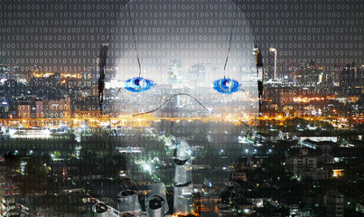 Artificial intelligence, AI everywhere and is omnipresent. The overlay robotic figure on a city...