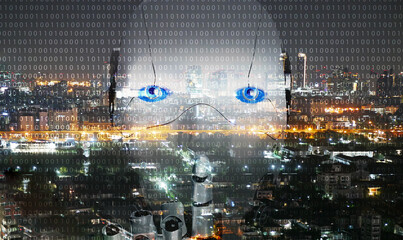 Fototapeta premium Artificial intelligence, AI everywhere and is omnipresent. The overlay robotic figure on a city background. Every person on earth can benefit from the Ai technology concept.