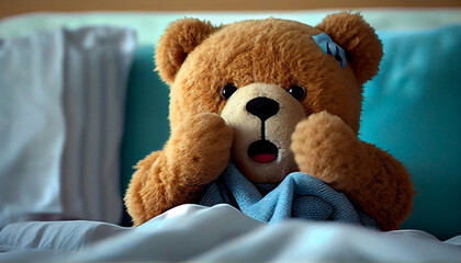 A teddy bear lies in bed under a blanket. Generative AI