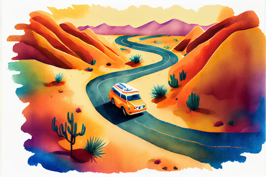 car is driving. hot summer landscape with desert valley, mountains, winding road and lone passing car. Western scenic backdrop, Wild West prairie. view from above. family trip. cacti along road