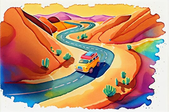 Car driving desert hot summer landscape with valley, mountains and winding road with cacti along. Lone automobile passing Western scenic backdrop, Wild West prairie with auto top view. Family trip