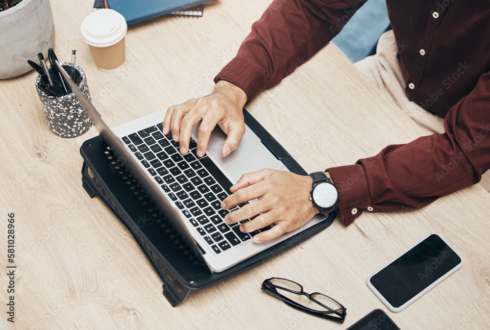 Leinwandbilder Business man, hands and laptop on desk, information technology and tech support top and working in office. Typing, glitch or 404 with software update, keyboard and male with digital problem solving