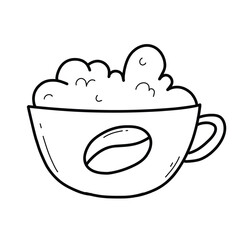 Coffee cup in doodle style. Vector illustration. Mug with coffee, tea, cocoa, cappuccino, latte. Isolated cup with coffee in a linear style. Logo for a coffee shop.