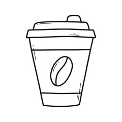 Paper cup with coffee in doodle style. Vector illustration. Mug with coffee, tea, cocoa, cappuccino, latte. Isolated cup with coffee in a linear style. Logo for a coffee shop.