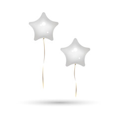 Star balloons in white solid colour with gold ribbons. Isolated on white background with shadow, mockup template object. Realistic 3D vector illustration.