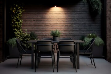 Fototapeta na wymiar black metal rectangular table with sleek chairs, set on a concrete patio with a brick wall and some potted plants (AI Generated)
