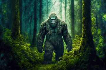 forest formidable monster bigfoot among dense forest thicket, created with generative ai - obrazy, fototapety, plakaty