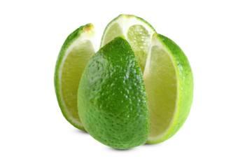 Lime cut into four parts isolated on transparent background with shadow.