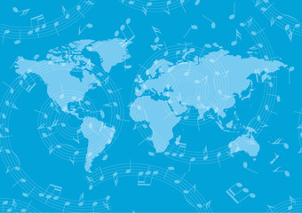 blue banner with swirl of music notes and world map - vector background