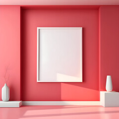 Blank White Picture Frame on Pastel Red Wall, Minimalist Interior, created using Generative AI