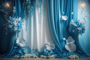 Flowers and blue drape frame, generative ai