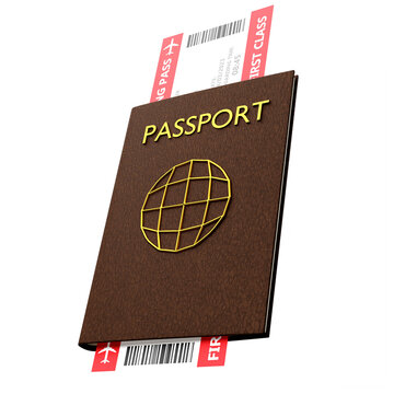 Realistic 3d render passport and ticket with leather cover and golden text on transparent background