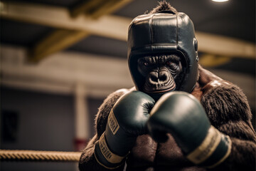 Portrait of a powerful muscular dominant male gorilla boxer, anthropomorphic animal sportsman in boxing gloves and a helmet in the ring, competition, created with ai - obrazy, fototapety, plakaty