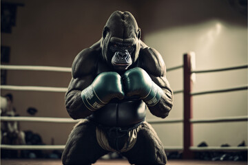 Portrait of a powerful muscular dominant male gorilla boxer, anthropomorphic animal sportsman in boxing gloves in the ring, competition, created with ai