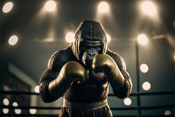 Portrait of a powerful muscular male gorilla boxer, anthropomorphic animal sportsman in boxing gloves in the ring, competition, created with ai