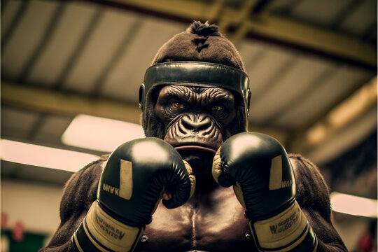 Portrait of a powerful muscular dominant male gorilla boxer, anthropomorphic animal sportsman in boxing gloves and a helmet in the ring, competition, created with ai
