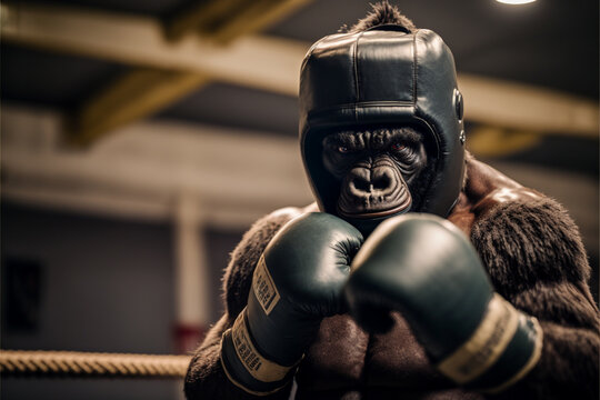 Portrait of a powerful muscular dominant male gorilla boxer, anthropomorphic animal sportsman in boxing gloves and a helmet in the ring, competition, created with ai