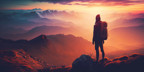 Obraz premium Hiker standing on top of mountain peak looking at view created with Generative AI