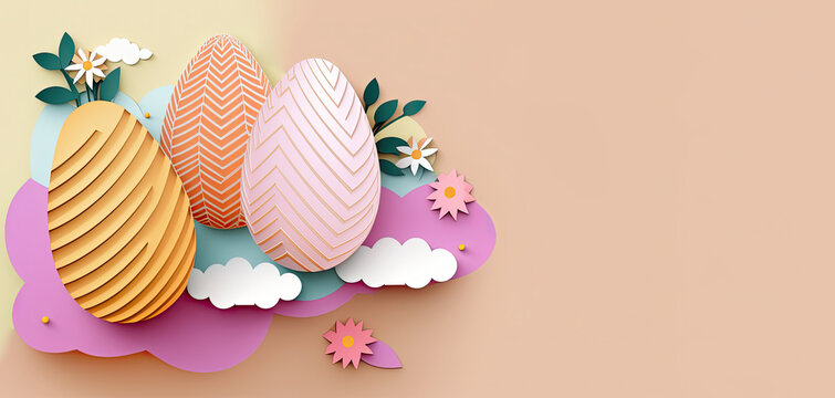 Paper cut patterned easter eggs, colorful easter background with copy space for text, easter wishes