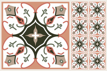 Fototapeta premium Set of patterned azulejo floor tiles. Abstract geometric background. Vector illustration, seamless mediterranean pattern. Portuguese floor tiles azulejo design. Floor cement talavera tiles collection