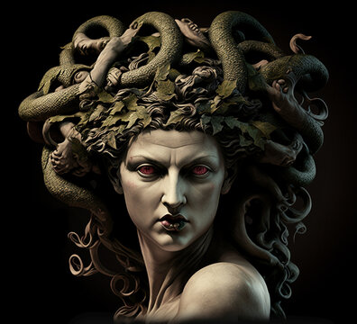 Medusa portrait from Greek Mythology with living venomous snakes in place of hair and her feral gaze. Content made with generative AI not based on real person.