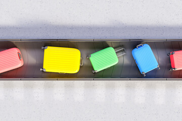3D rendering of colorful suitcases on conveyor belt at airport