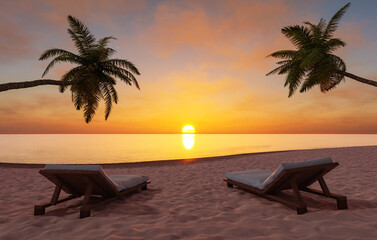 Sunbeds on sandy seashore under scenic sundown sky