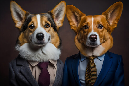 Man's Best Business Partner: Dog Couple in Smart Business Attire, Creative stock image of animal couple in business suit. Generative AI