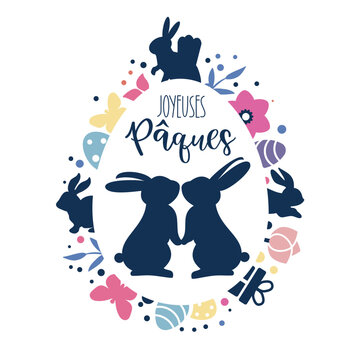 Carte de Joyeuses Pâques en français - design tendance de Pâques avec typographie, lapins, fleurs, oeufs - Vecteur illustration avec calligraphie