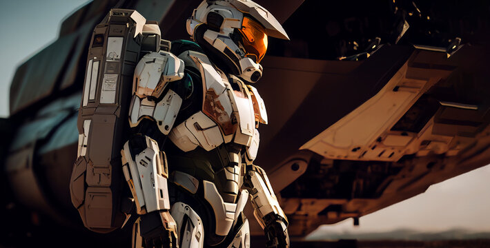 Future space suit, astronaut, futuristic robot, robotic cyborg, artificial intelligence. Generative AI illustration