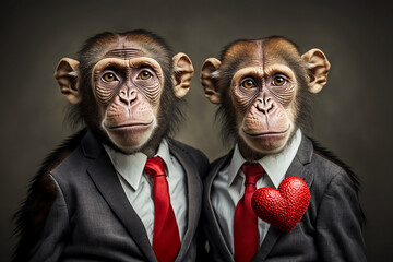 Swinging in Style: Monkey Couple in Sharp Business Attire, Creative stock image of animal couple in business suit. Generative AI