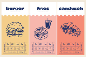 Hand drawn line art food vector packaging label design template. Boho style illustration of elegant signs and badges for cafe, restaurant, food and drinks products.
