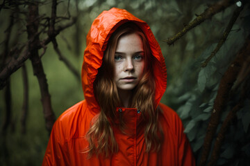 Girl in a red raincoat in the woods - Ai generative