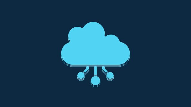 Blue Cryptocurrency cloud mining icon isolated on blue background. Blockchain technology, bitcoin, digital money market, cryptocoin wallet. 4K Video motion graphic animation